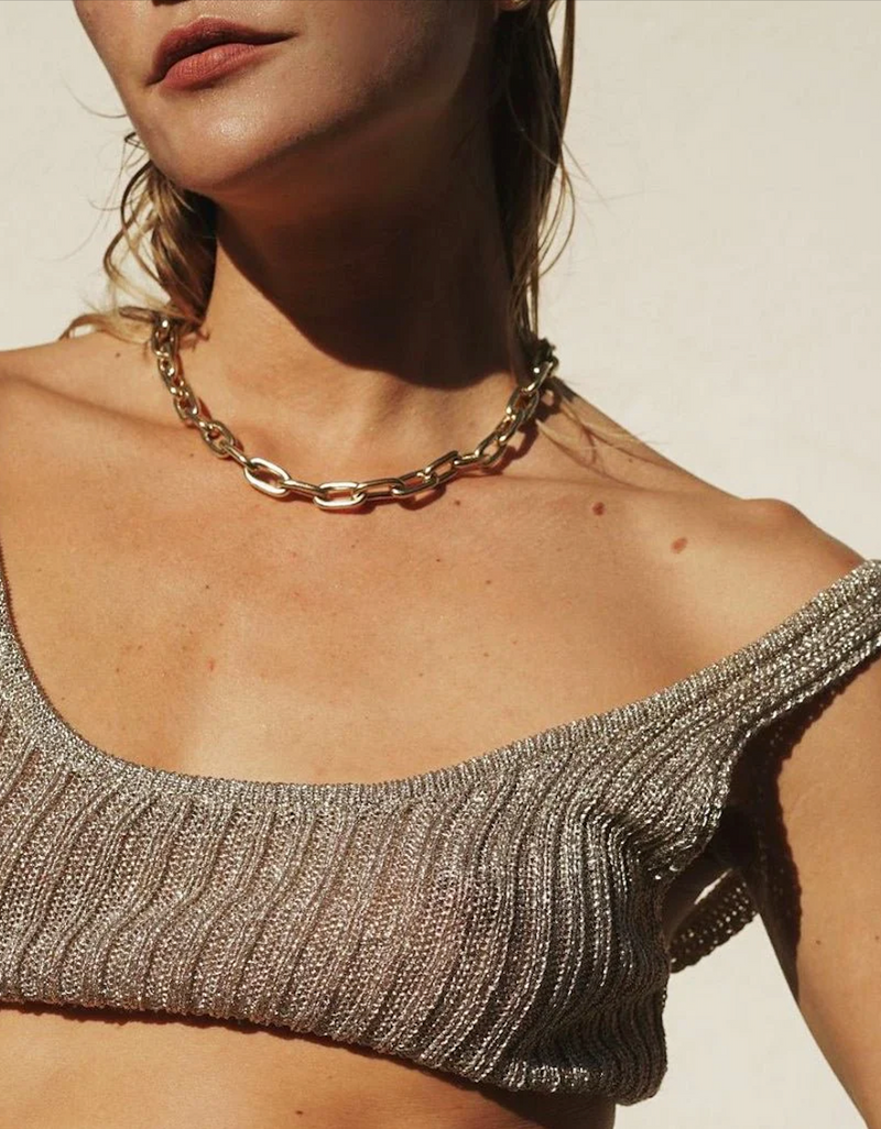 Person wearing a Satomi Berat Chain Necklace, hand fabricated in recycled solid brass