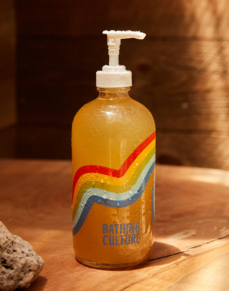 A bottle of Bathing Culture Mind and Body Wash, organic, biodegradable, all-purpose soap