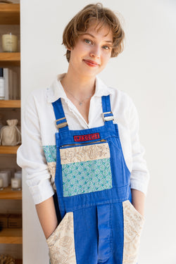 Person wearing Half Skein patch overalls