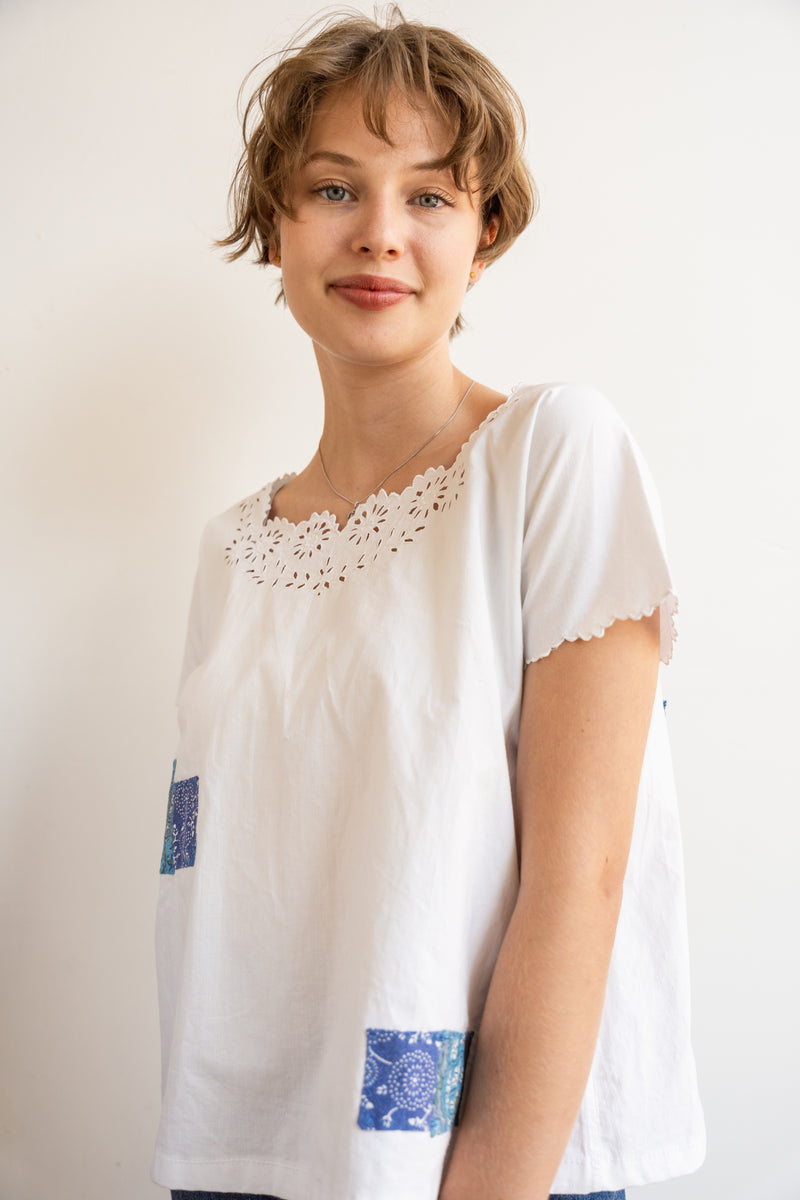 Person wearing a Half Skein white top with patches