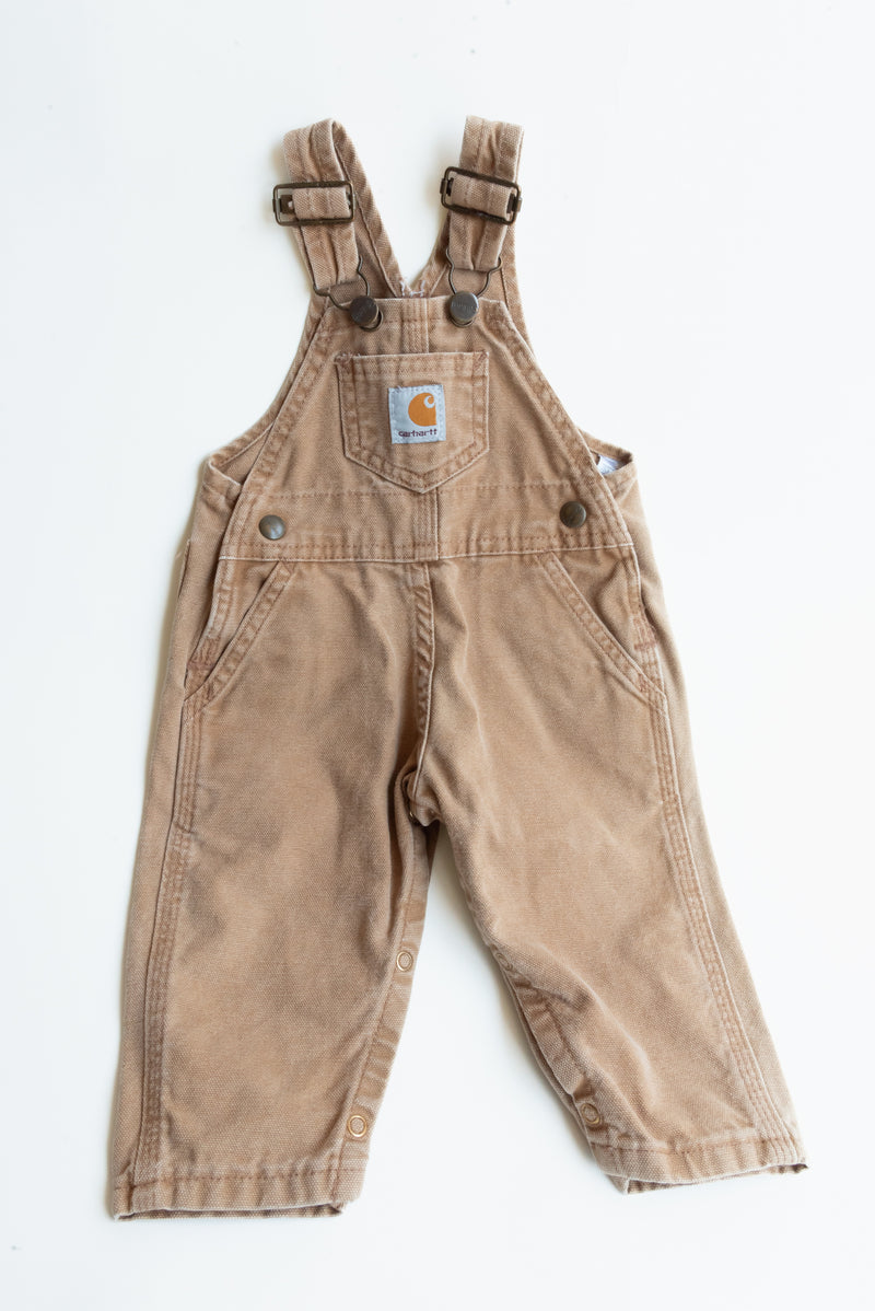 Tan Carhart Overalls from Gus & Way, measuring 23" x 11" when flat, made from durable Carhart fabric. Ideal for practical and vintage-inspired children’s fashion.