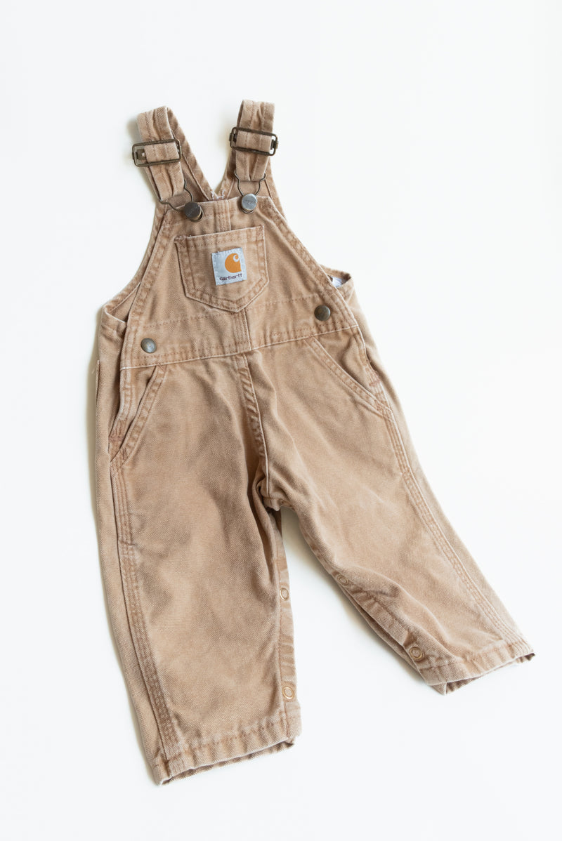 Tan Carhart Overalls from Gus & Way, measuring 23" x 11" when flat, made from durable Carhart fabric. Ideal for practical and vintage-inspired children’s fashion.