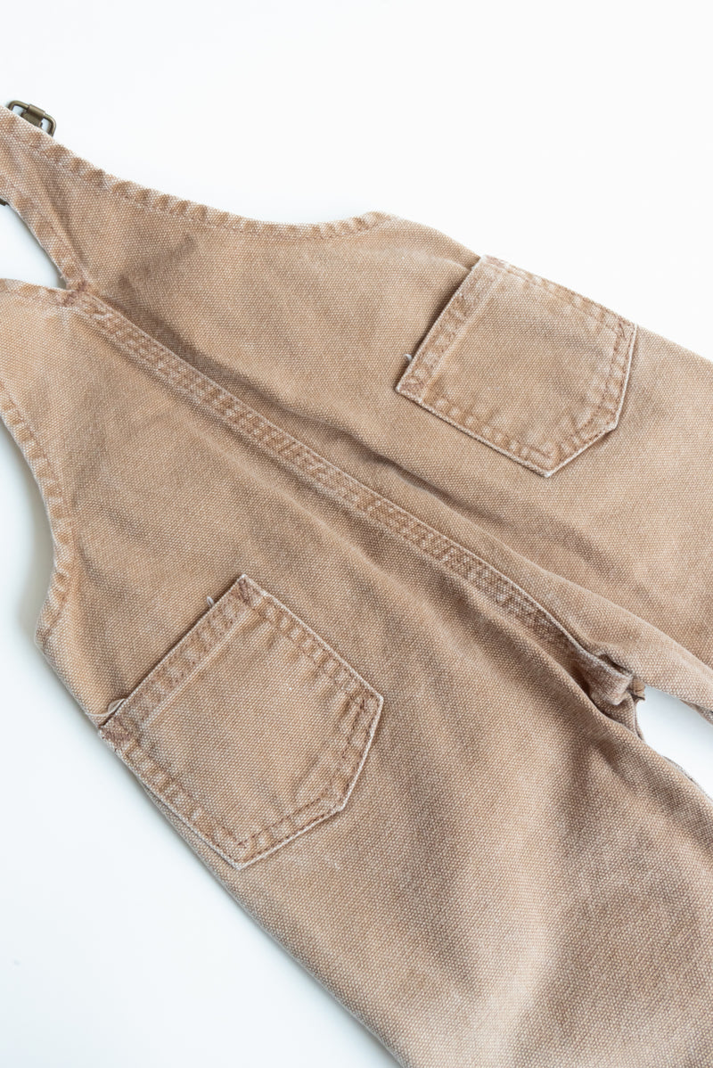 Tan Carhart Overalls from Gus & Way, measuring 23" x 11" when flat, made from durable Carhart fabric. Ideal for practical and vintage-inspired children’s fashion.