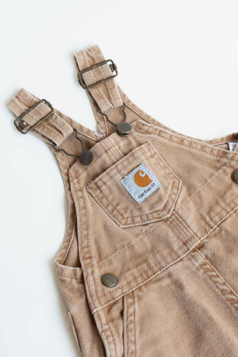 Tan Carhart Overalls from Gus & Way, measuring 23" x 11" when flat, made from durable Carhart fabric. Ideal for practical and vintage-inspired children’s fashion.