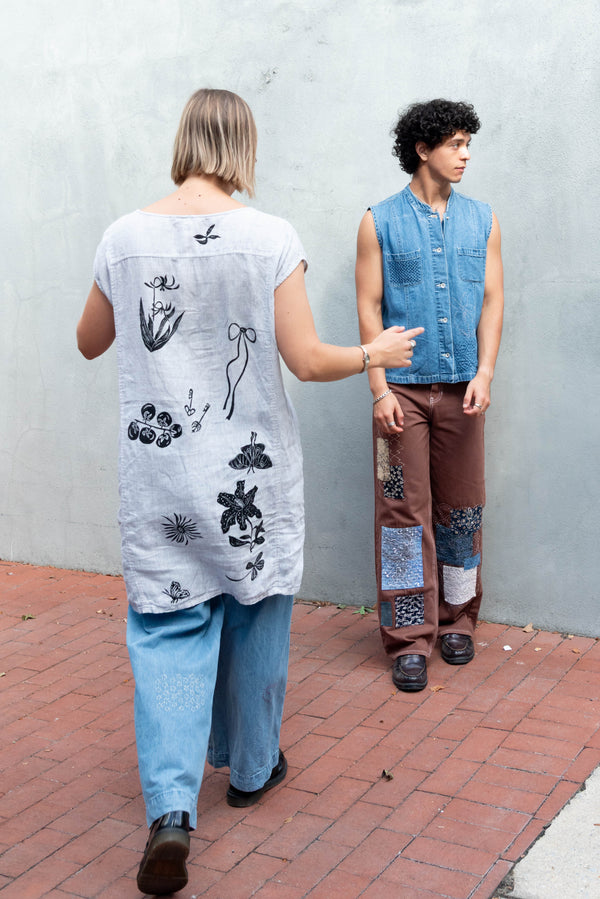 Ondo Linocut stamped tunic white+black