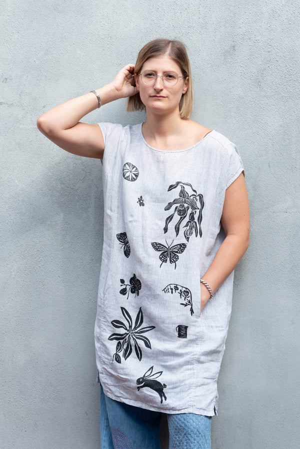 Ondo Linocut stamped tunic white+black