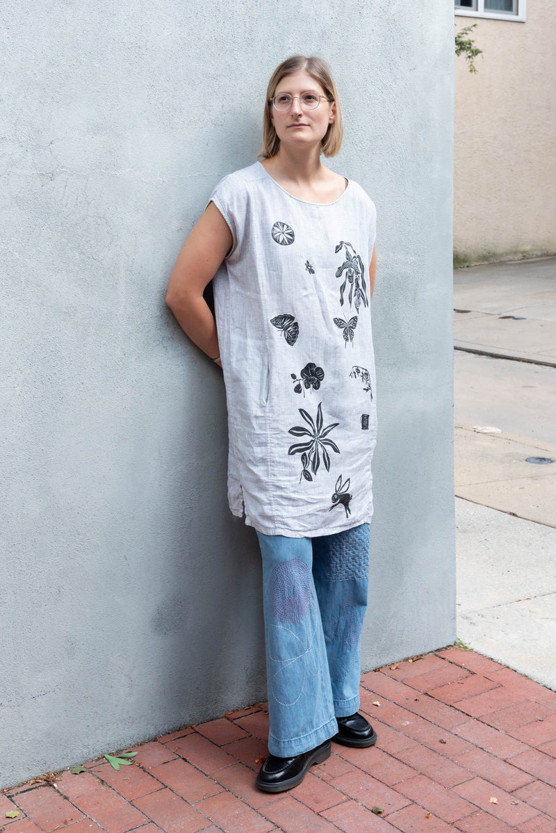 Ondo Linocut stamped tunic white+black