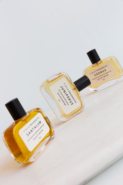 Bottles of Fiele Fragrances, extracted from plants and crafted from raw materials from around the world