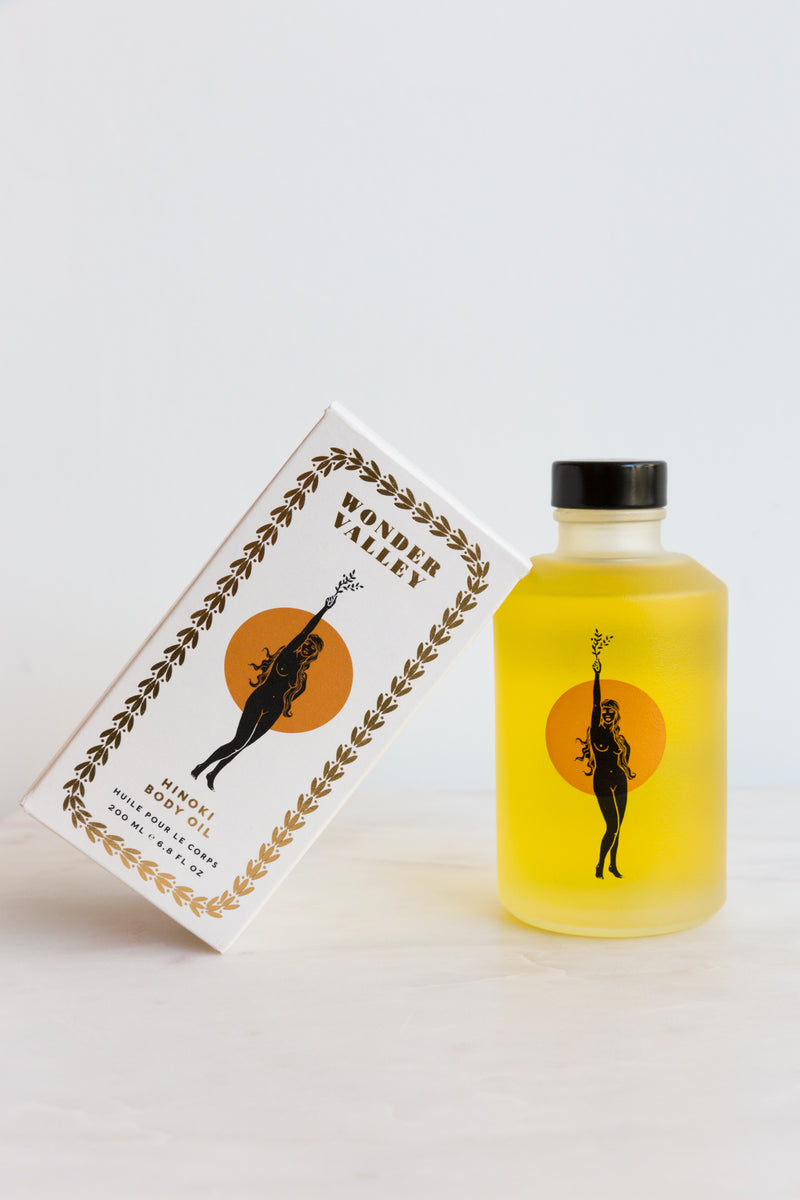 A bottle of Wonder Valley Hinoki Body Oil