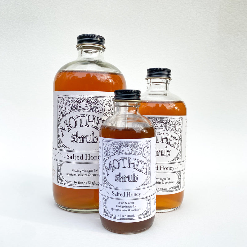 Bottles of Salted Honey flavored Mother Shrub Mixing Vinegar