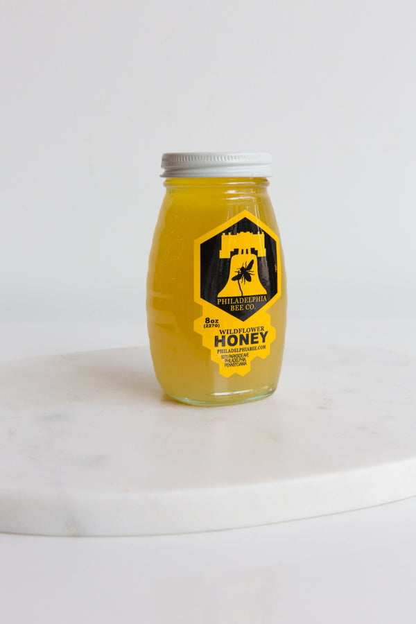 Jars of Philadelphia Bee Co Honey, raw, unfiltered and produced within city limits