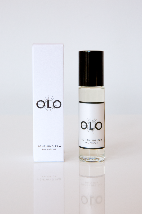A bottle of Lightning Paw Olo Roll-On Perfume Oil, hand blended and bottled to order in Portland, Oregon studio