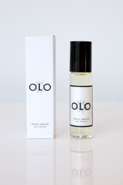 A bottle of Palo Santo Olo Roll-On Perfume Oil, hand blended and bottled to order in Portland, Oregon studio