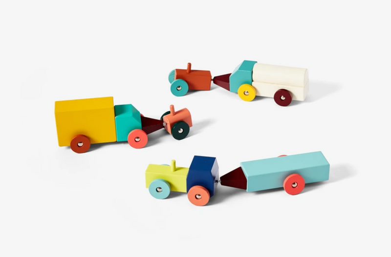 Areaware Hovers Tractors crafted from contemporary shapes and painted in bright colors