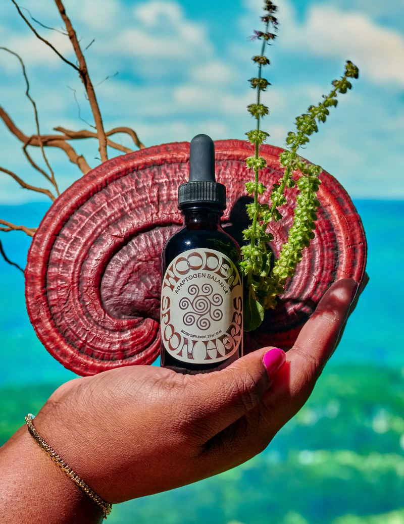 A person holding a bottle of Wooden Spoon Herbs Adaptogen Balance