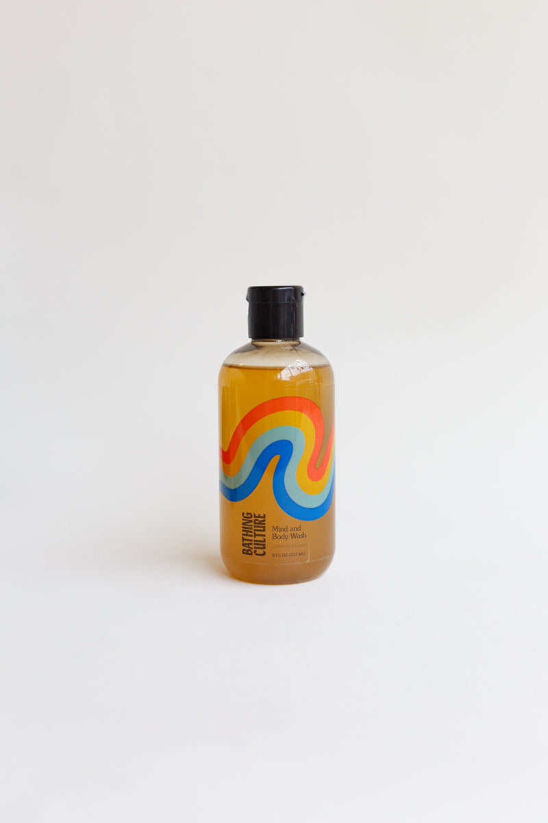 A bottle of Bathing Culture Mind and Body Wash, organic, biodegradable, all-purpose soap