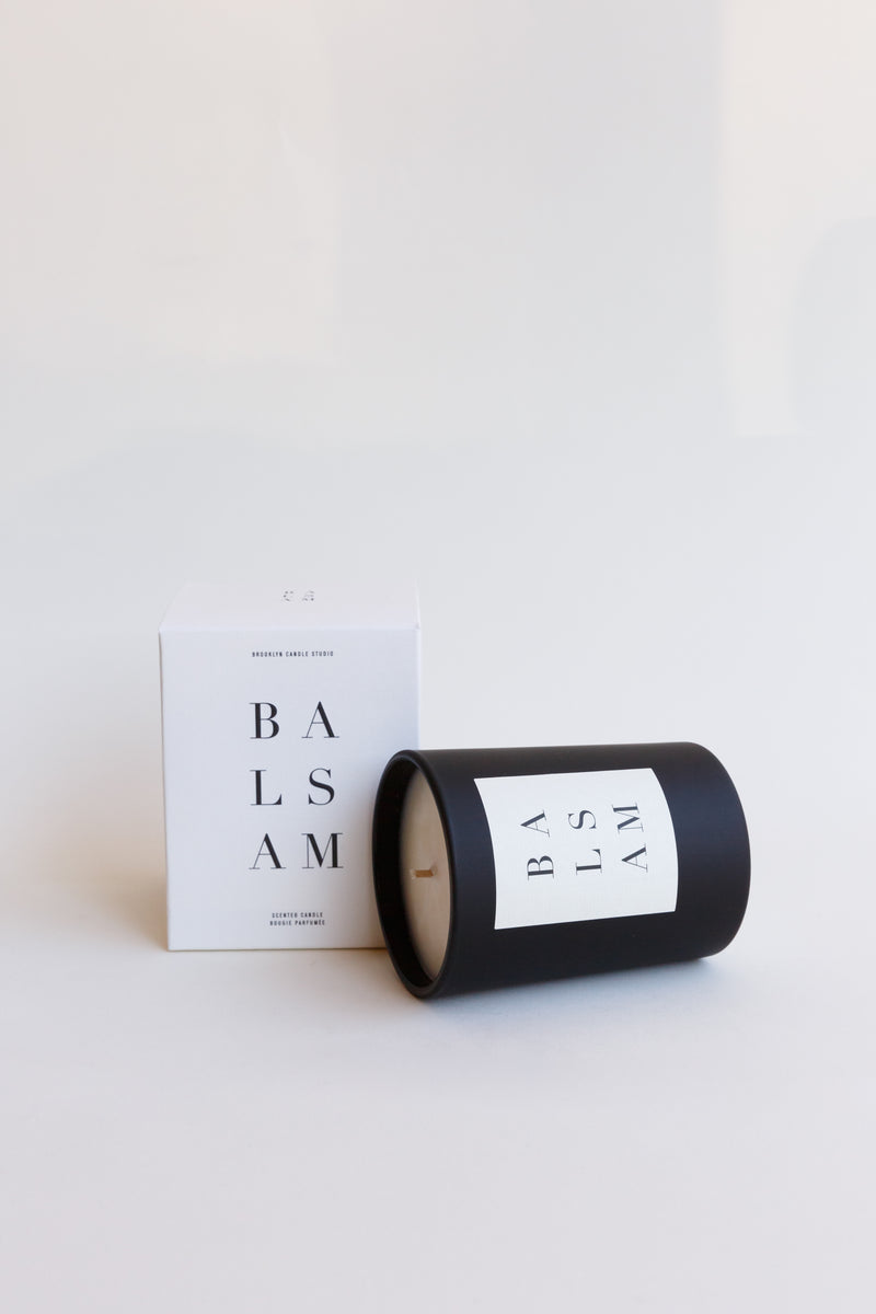 Balsam candle jar from the Brooklyn Candle Studio Noir Collection