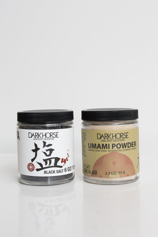 Jars of Dark Horse Spices, Black Salt & Umami Powder