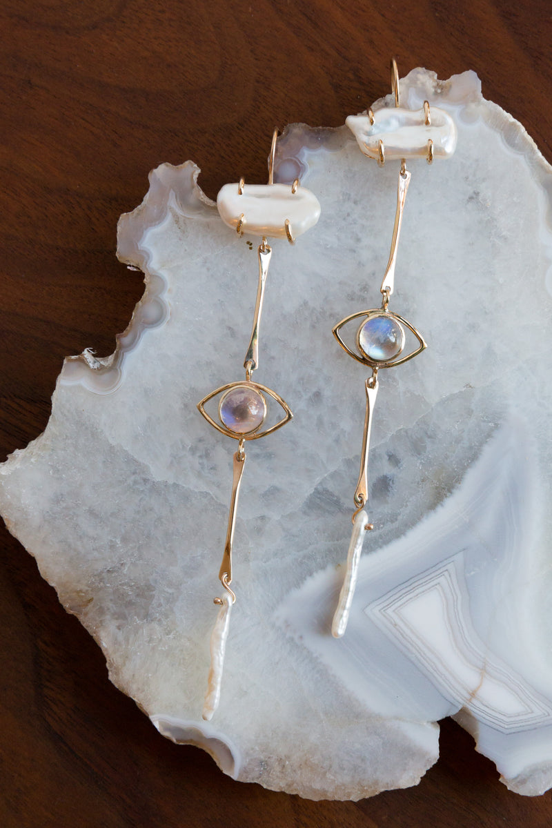 Handcrafted in New Mexico with 14k yellow gold, mar keshi pearls, and moonstone, these Halcyon Beholder heirloom earrings will last you for generations