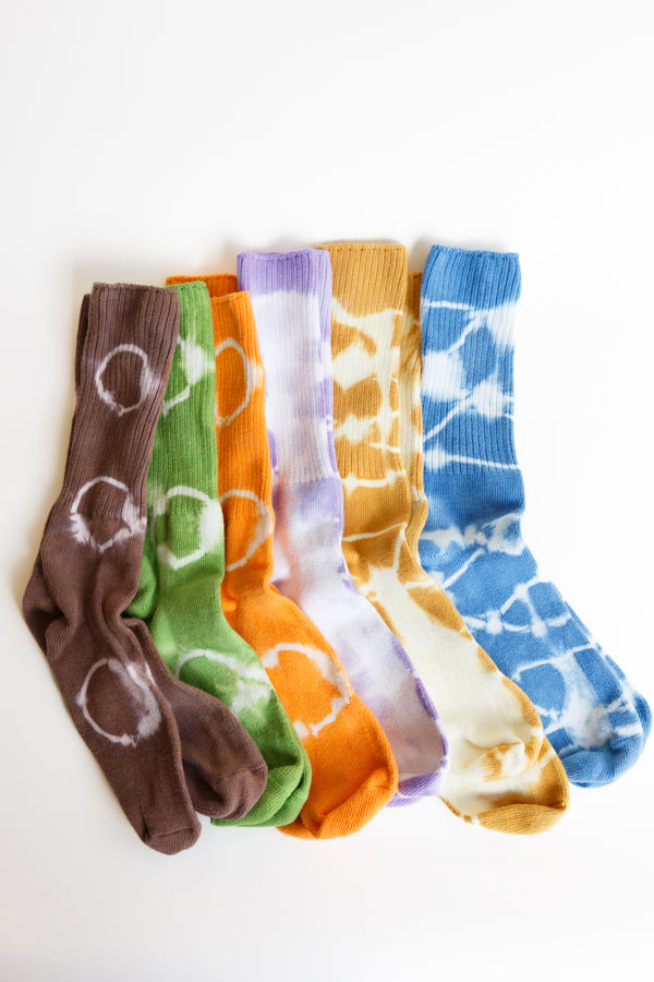Layli Dyes Hard Classic Socks, a one-size-fits-most pair of socks hand dyed using Japanese resist dye Shibori methods and set with a special intention