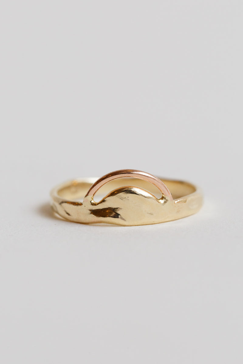 Lio + Linn sunrise ring with pink gold, made of Recycled 14k Gold Band with Pink Gold Carved Wire