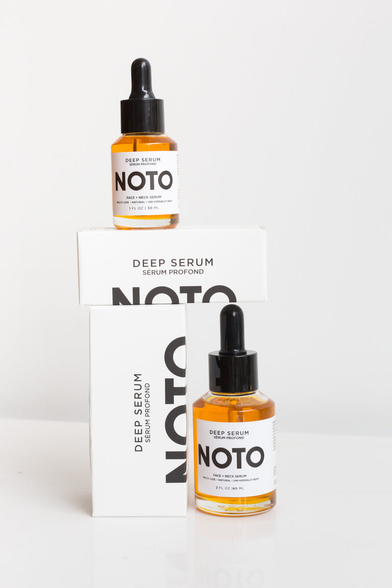 Bottles of Noto Deep Serum to brighten and protect your skin with hydration rich, age managing elements and fresh notes that will deeply penetrate skin and senses