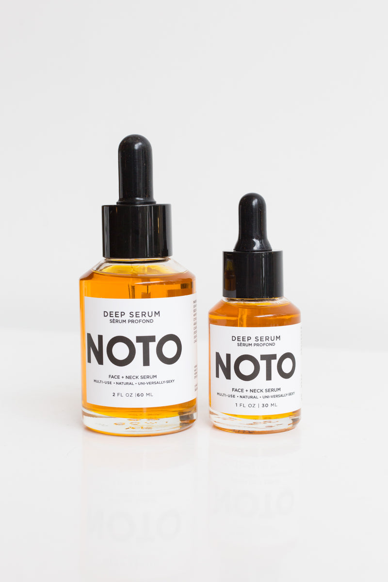 Bottles of Noto Deep Serum to brighten and protect your skin with hydration rich, age managing elements and fresh notes that will deeply penetrate skin and senses