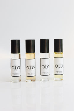 Bottles of Olo Roll-On Perfume Oil, hand blended and bottled to order in Portland, Oregon studio