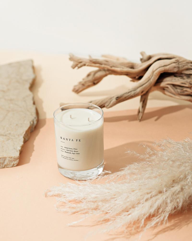 A jar of Santa Fe scented candle from the Brooklyn Candle Studio Escapist Collection