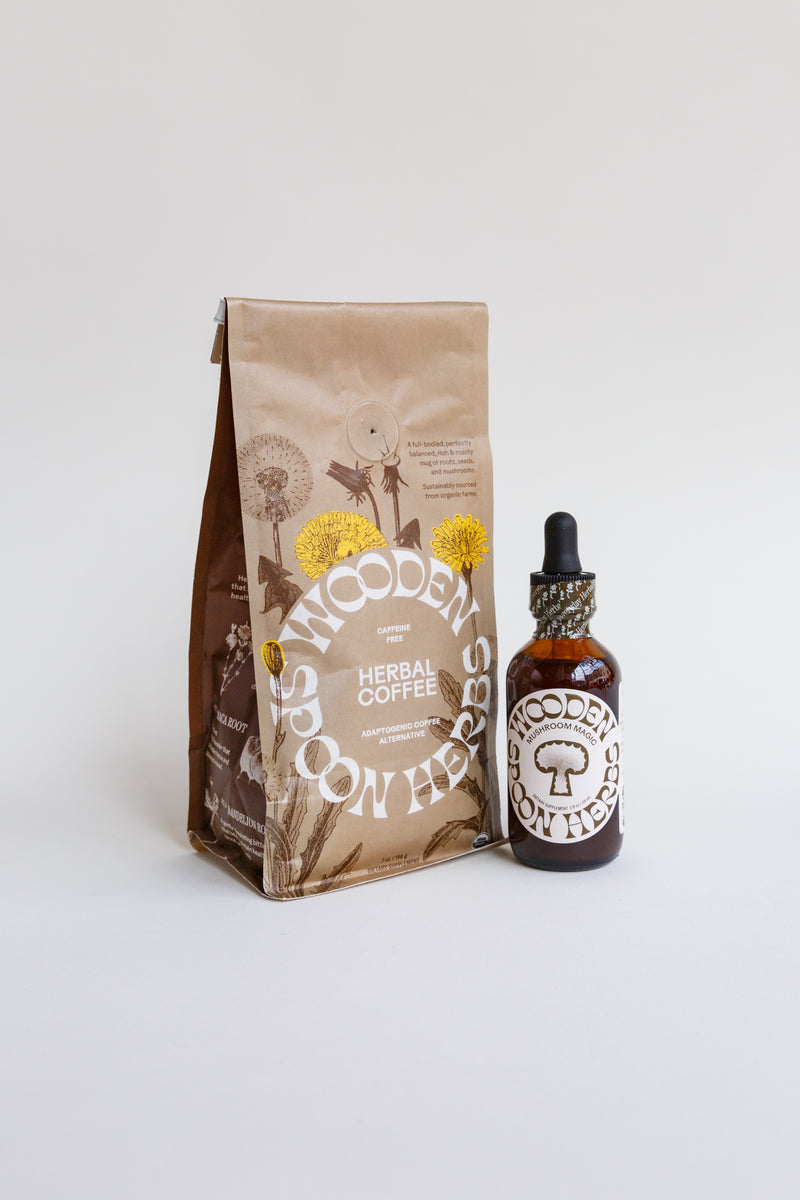 A package of Wooden Spoon Herbs Herbal Coffee next to another Wooden Spoon Herbs product